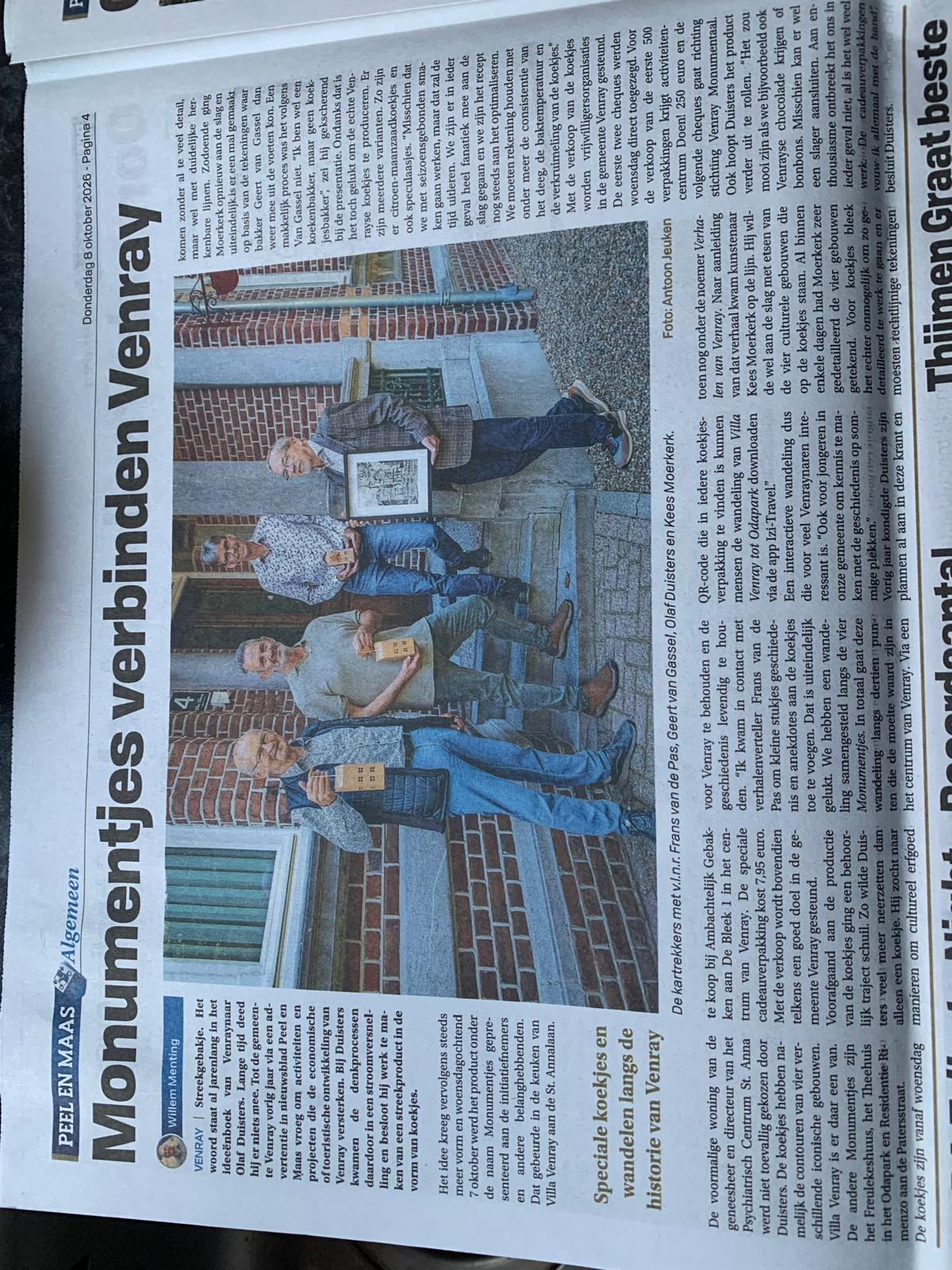 Krantenpagina met het artikel Monumentjes verbinden Venray uit Peel en Maas, 8 oktober 2026
